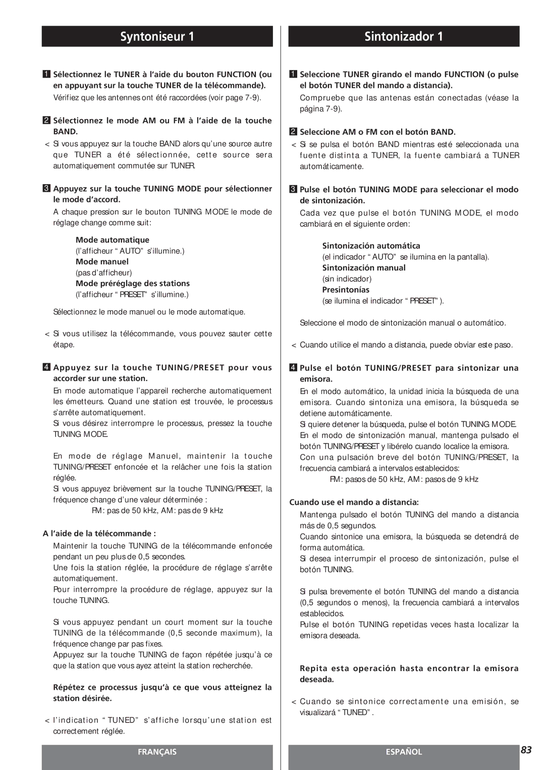 Teac AG-15D owner manual Syntoniseur, Sintonizador 