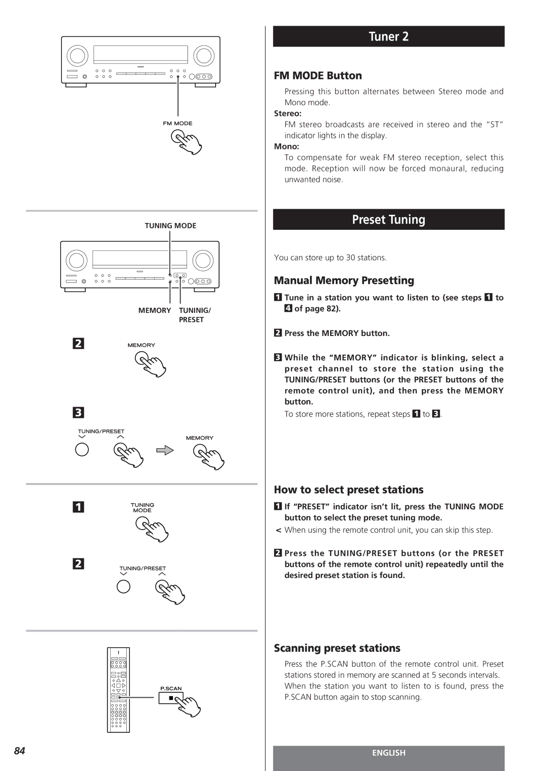 Teac AG-15D owner manual Preset Tuning, FM Mode Button, Manual Memory Presetting, How to select preset stations 