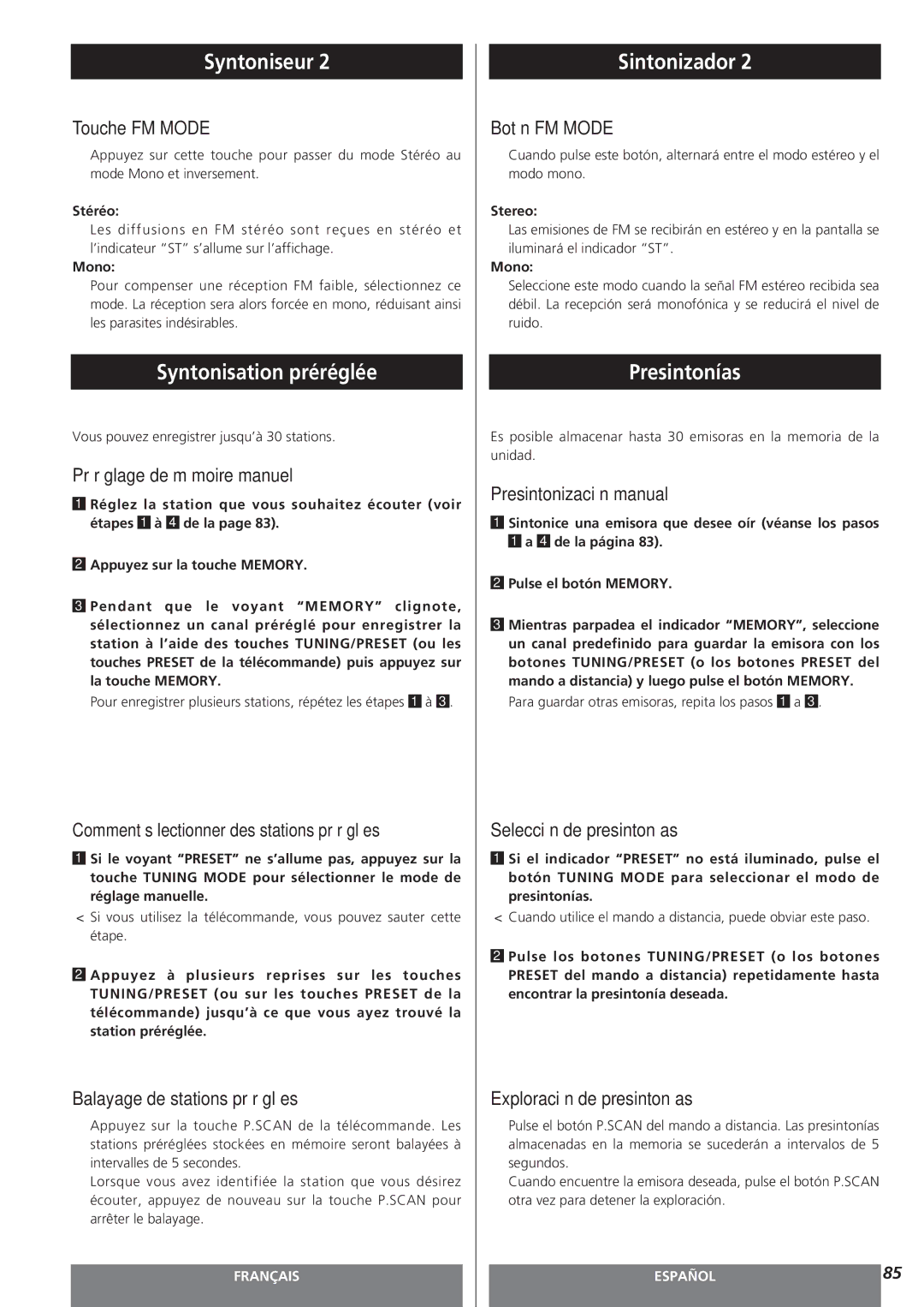 Teac AG-15D owner manual Syntonisation préréglée, Presintonías 