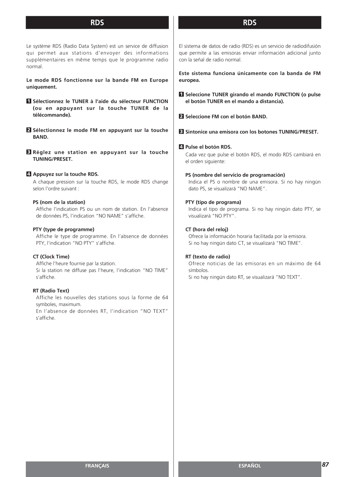 Teac AG-15D Appuyez sur la touche RDS, PS nom de la station, PTY type de programme, PS nombre del servicio de programación 