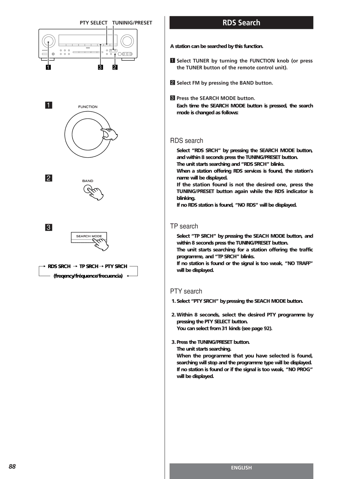 Teac AG-15D owner manual RDS Search, RDS search, TP search, PTY search 