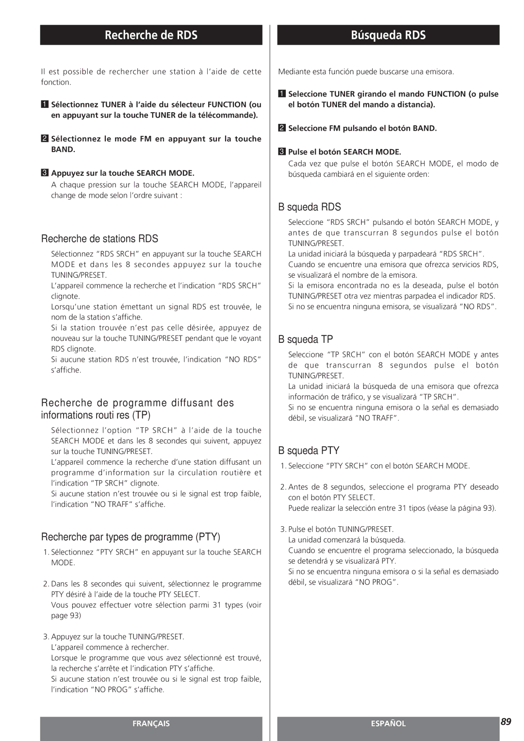 Teac AG-15D owner manual Recherche de RDS, Búsqueda RDS 