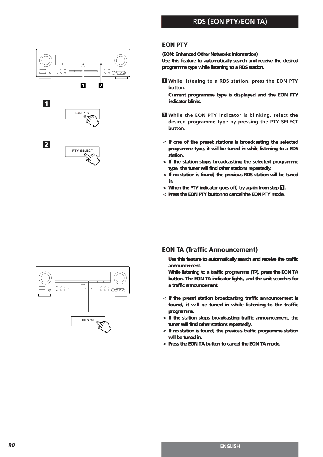 Teac AG-15D owner manual EON TA Traffic Announcement, While listening to a RDS station, press the EON PTY button 