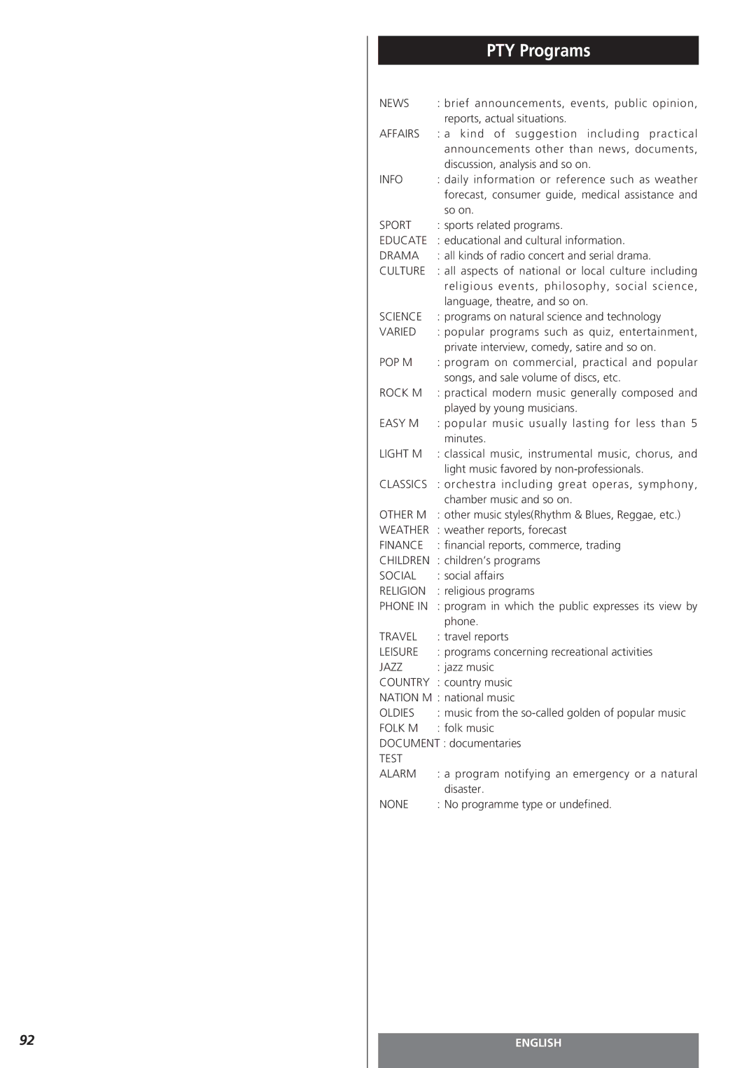 Teac AG-15D owner manual PTY Programs 