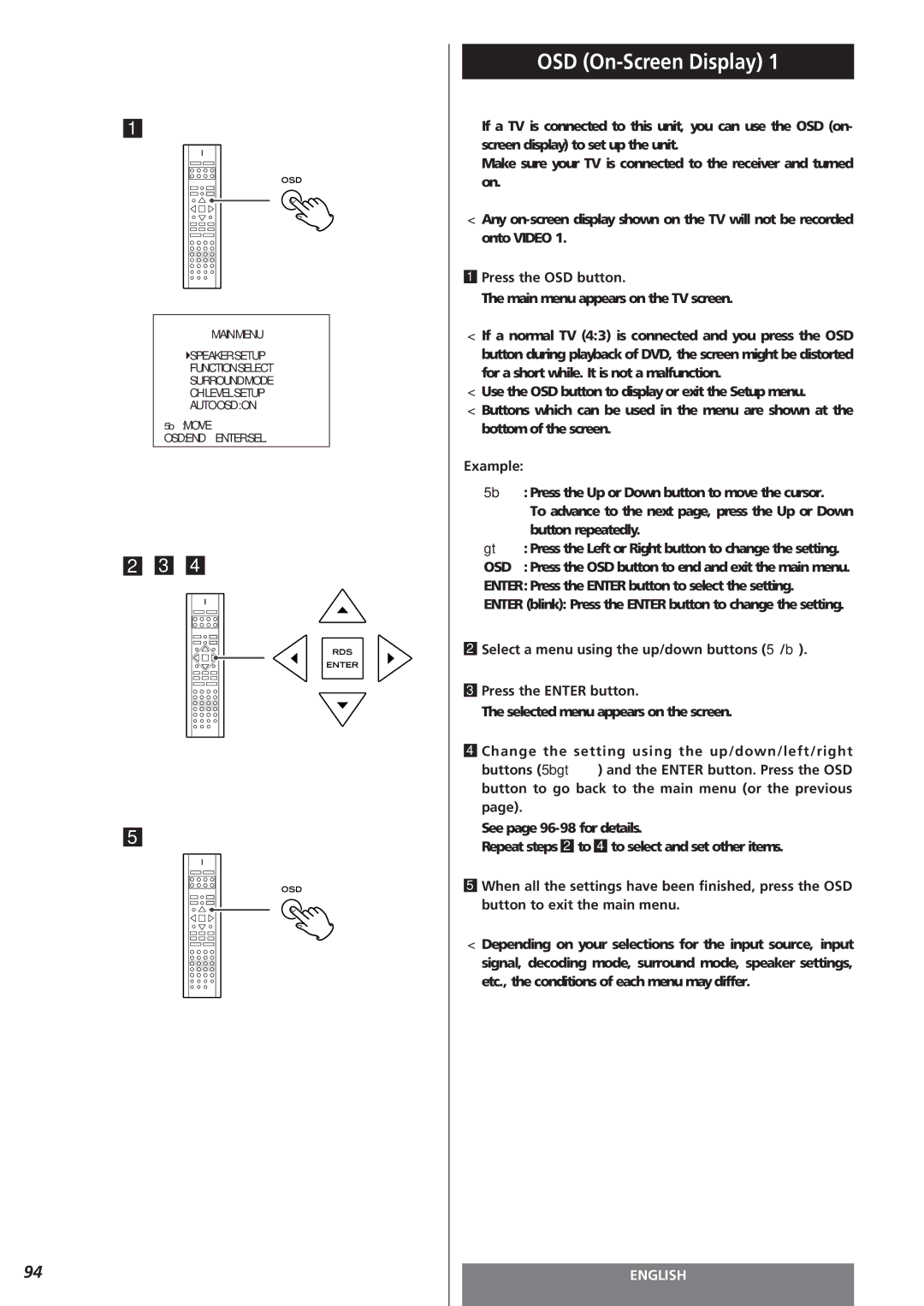 Teac AG-15D owner manual OSD On-Screen Display, Press the OSD button, Selected menu appears on the screen 