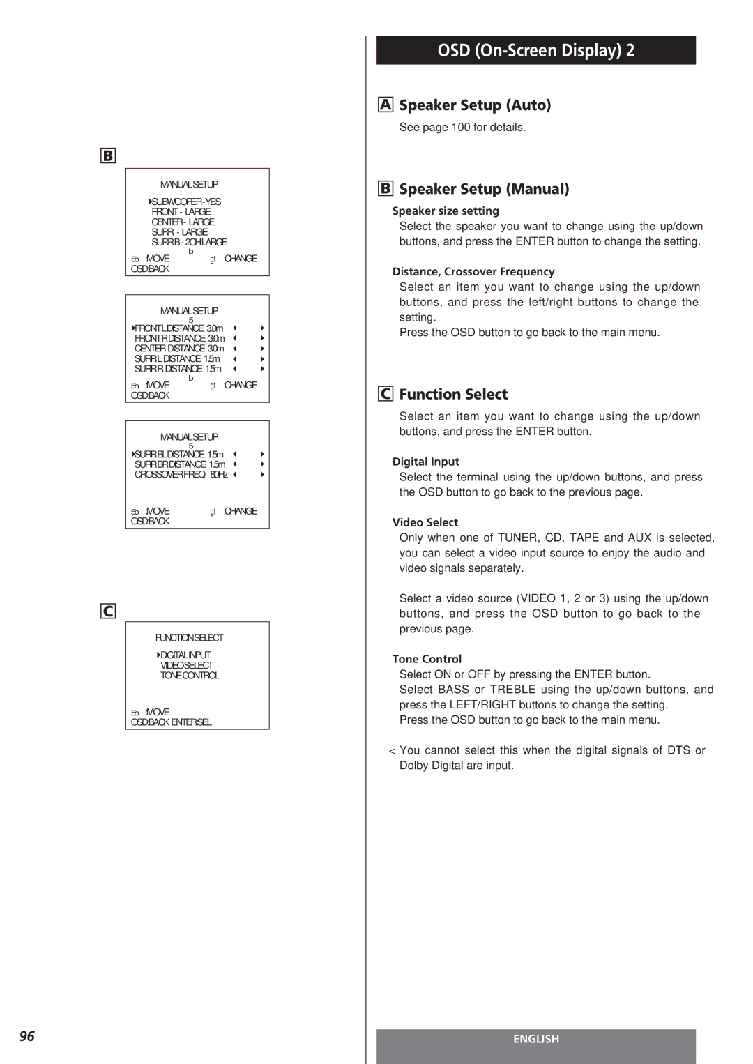 Teac AG-15D owner manual Speaker Setup Auto, Speaker Setup Manual, Function Select 