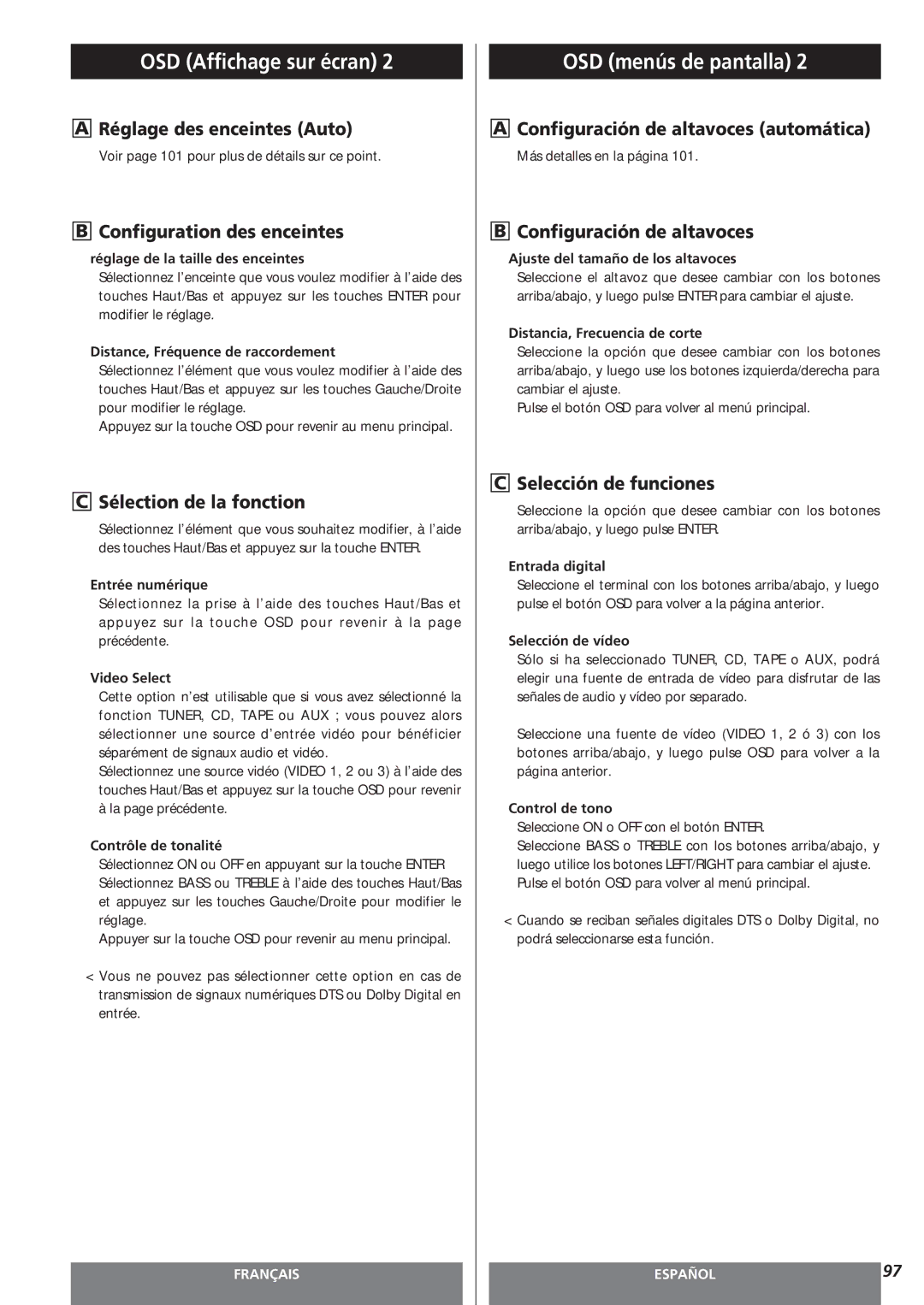 Teac AG-15D owner manual Réglage des enceintes Auto, Sélection de la fonction, Configuración de altavoces automática 