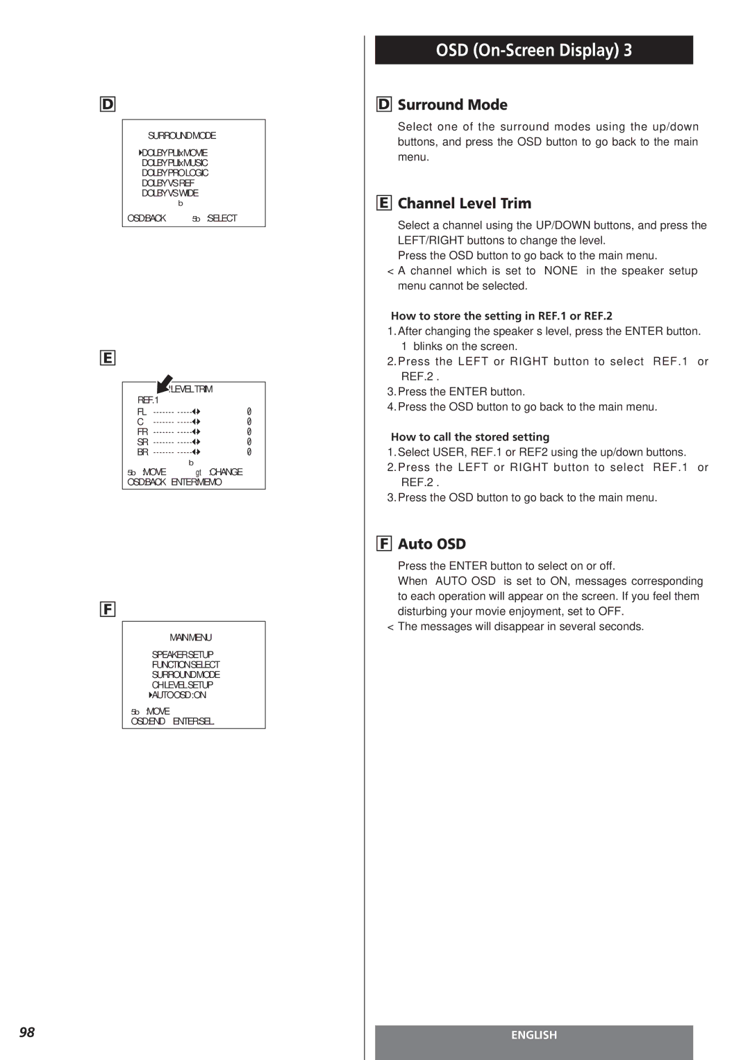 Teac AG-15D owner manual Surround Mode, Channel Level Trim, Auto OSD, How to store the setting in REF.1 or REF.2 