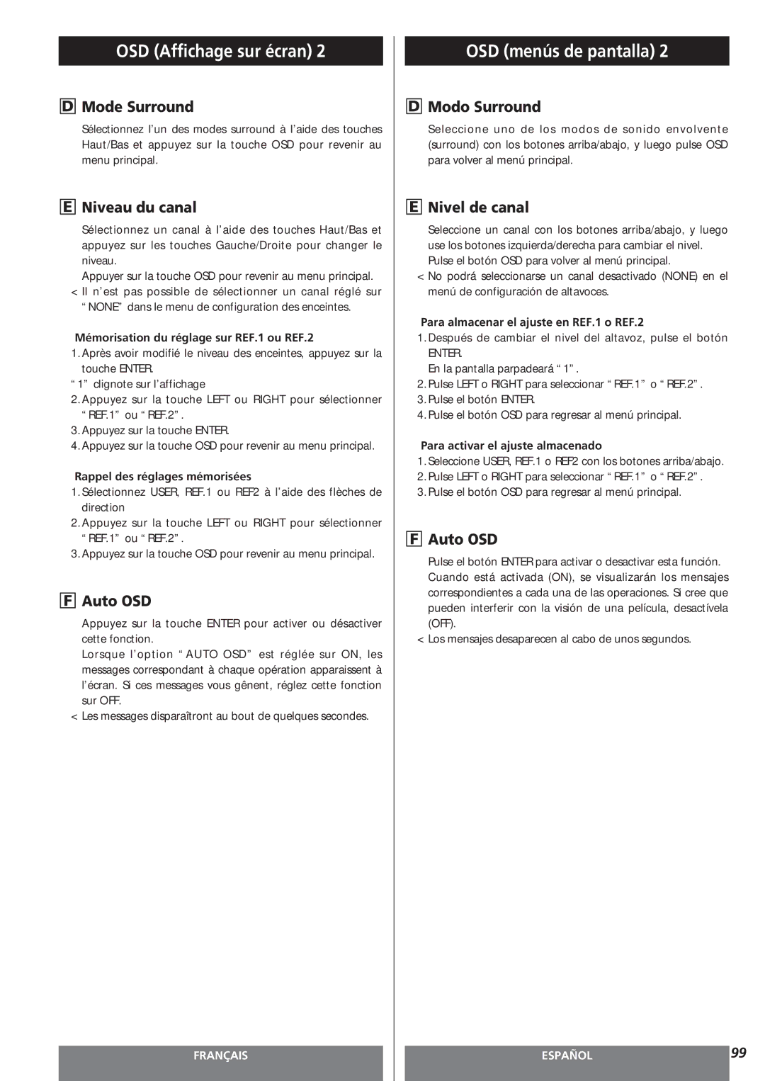 Teac AG-15D owner manual Mode Surround, Niveau du canal, Modo Surround, Nivel de canal 