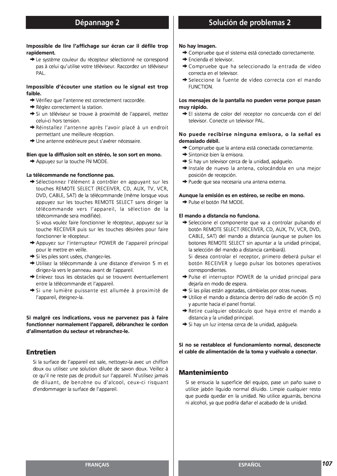 Teac AG-15D owner manual Entretien, Mantenimiento, Dépannage, Solución de problemas, Français, Español 