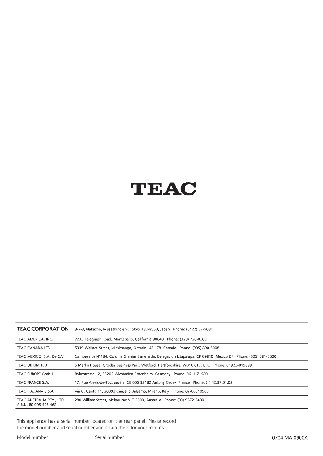 Teac AG-15D owner manual Teac Corporation, Model number, Serial number, 0704.MA-0900A 