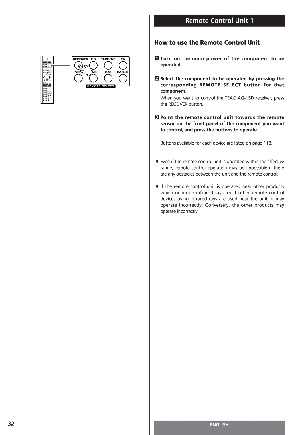 Teac AG-15D owner manual How to use the Remote Control Unit, English 
