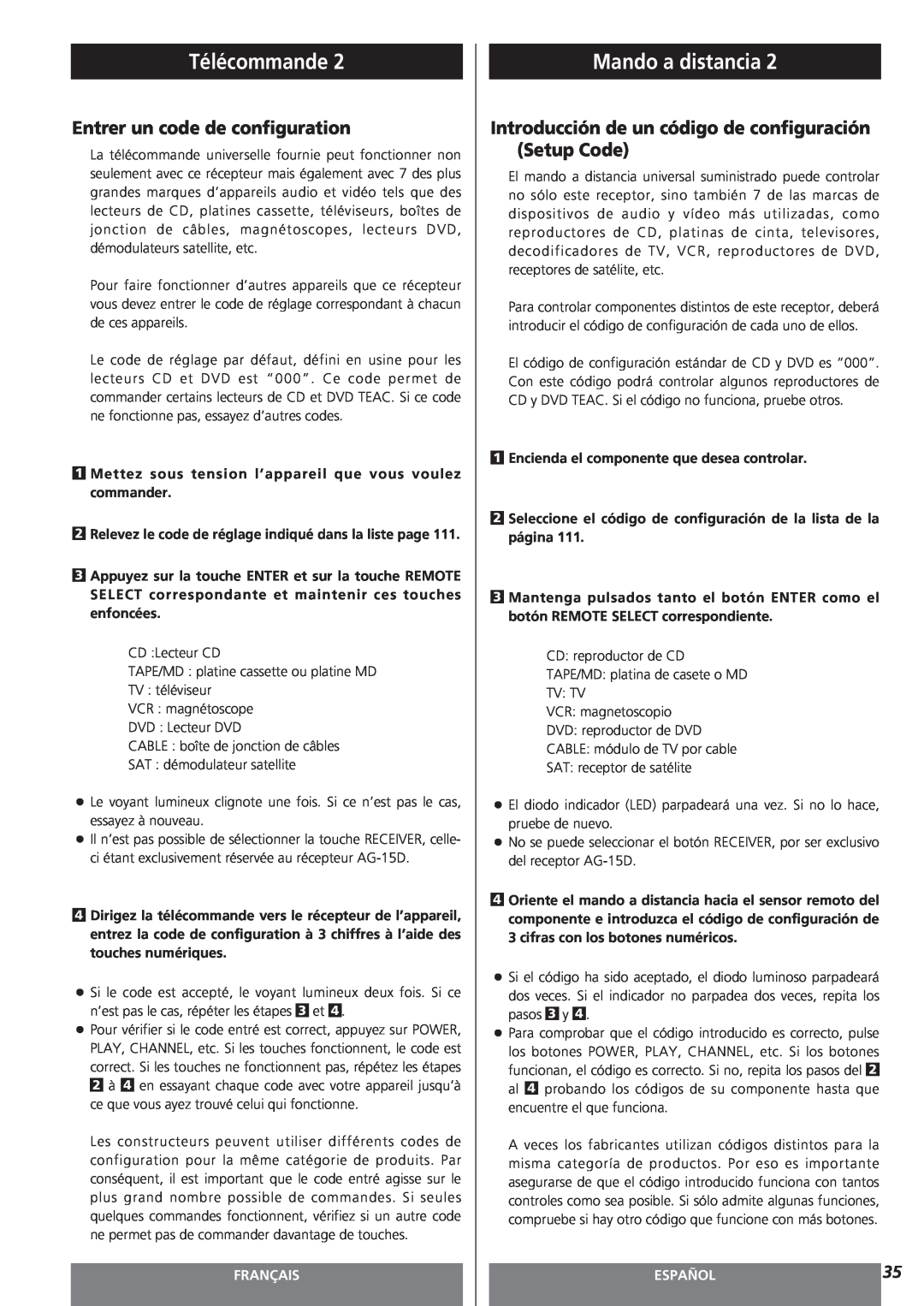 Teac AG-15D owner manual Entrer un code de configuration, Télécommande, Mando a distancia, Français, Español 