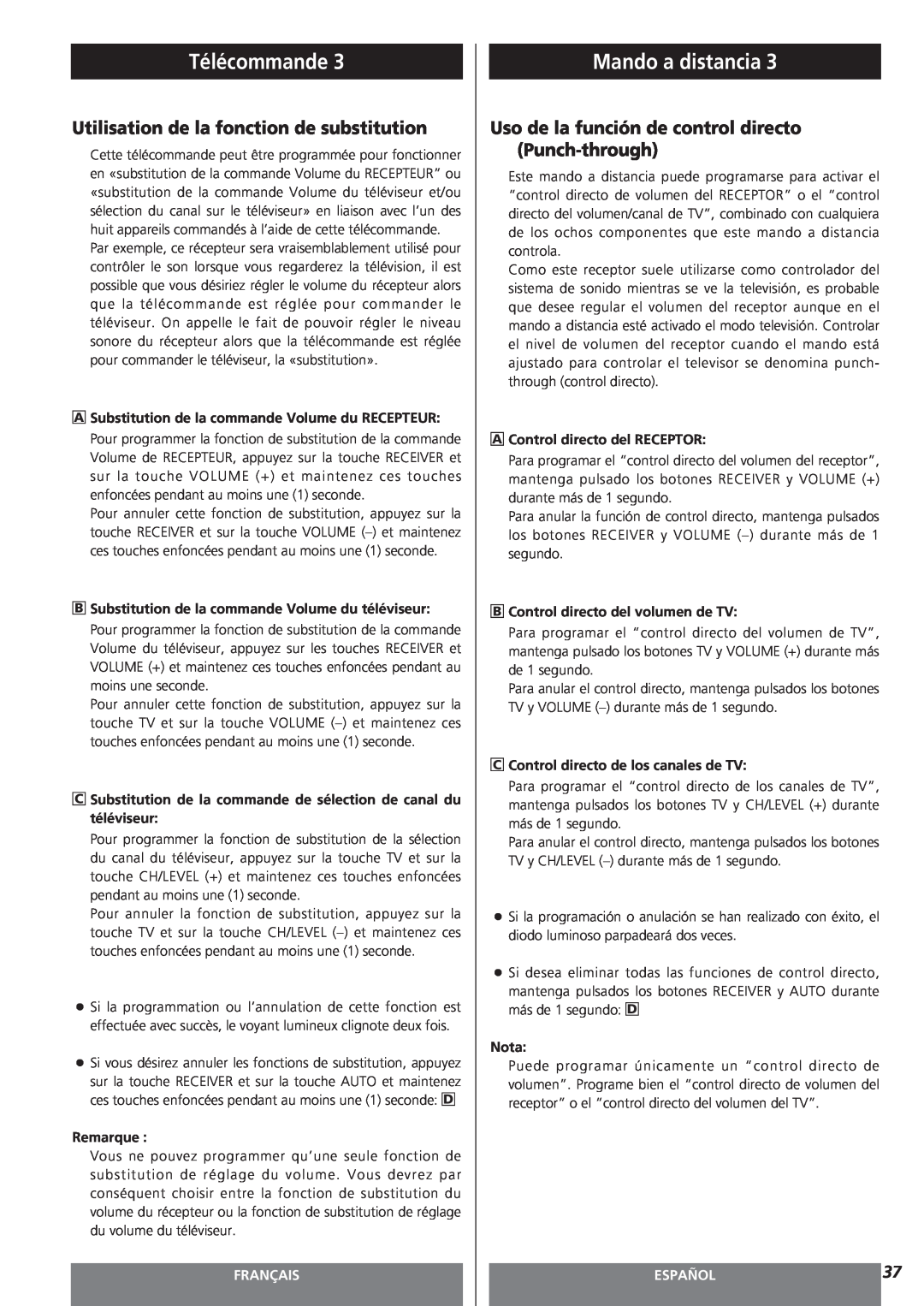 Teac AG-15D owner manual Utilisation de la fonction de substitution, Télécommande, Mando a distancia, Français, Español 