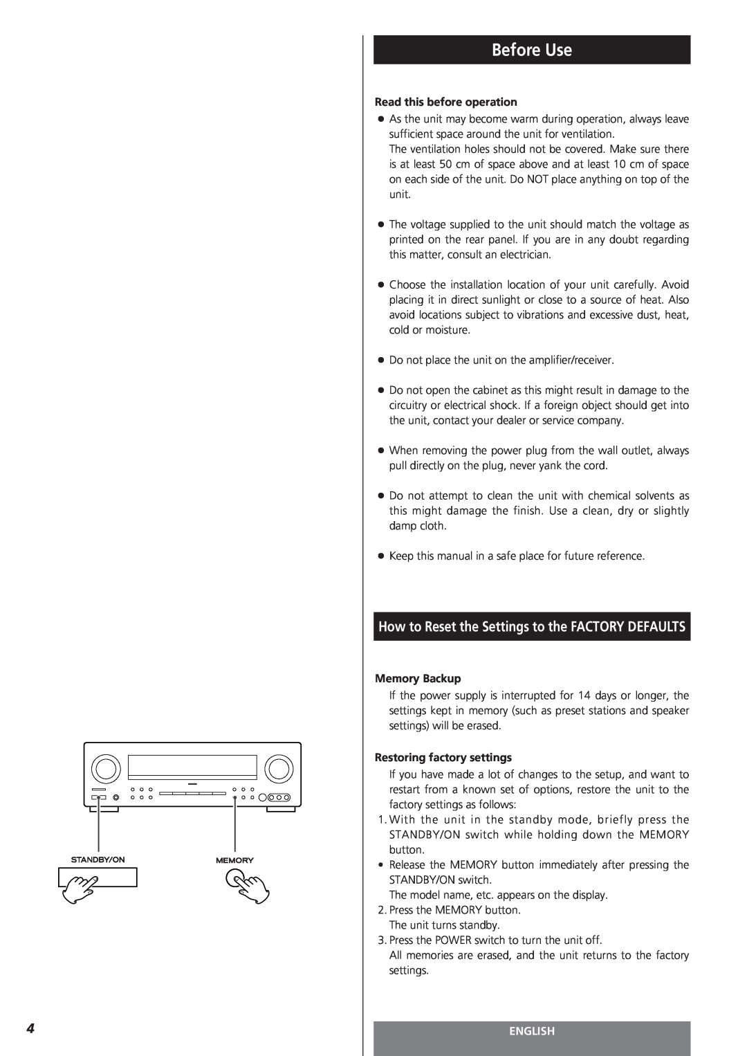 Teac AG-15D owner manual Before Use, How to Reset the Settings to the FACTORY DEFAULTS, English 