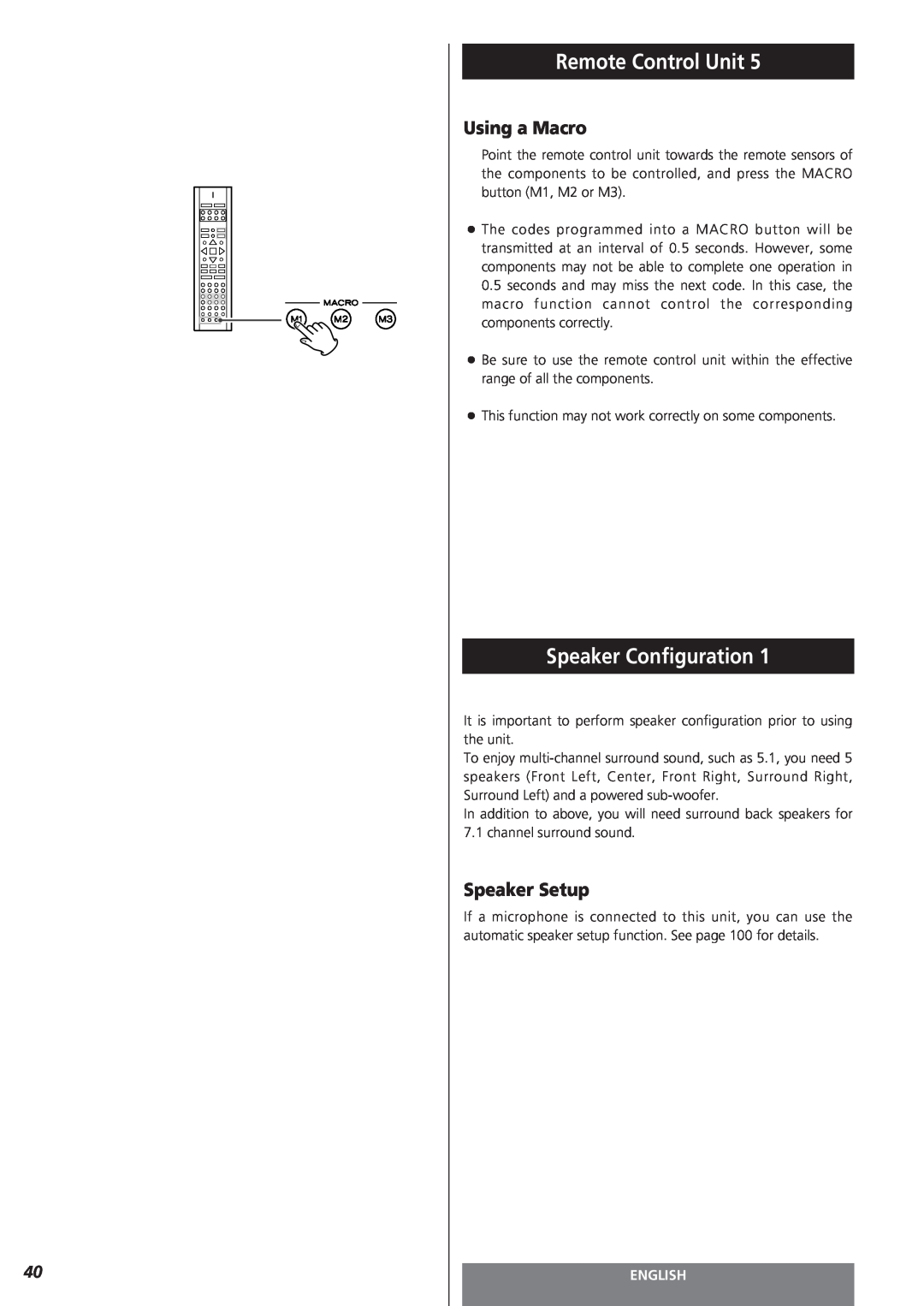 Teac AG-15D owner manual Speaker Configuration, Using a Macro, Speaker Setup, Remote Control Unit, English 
