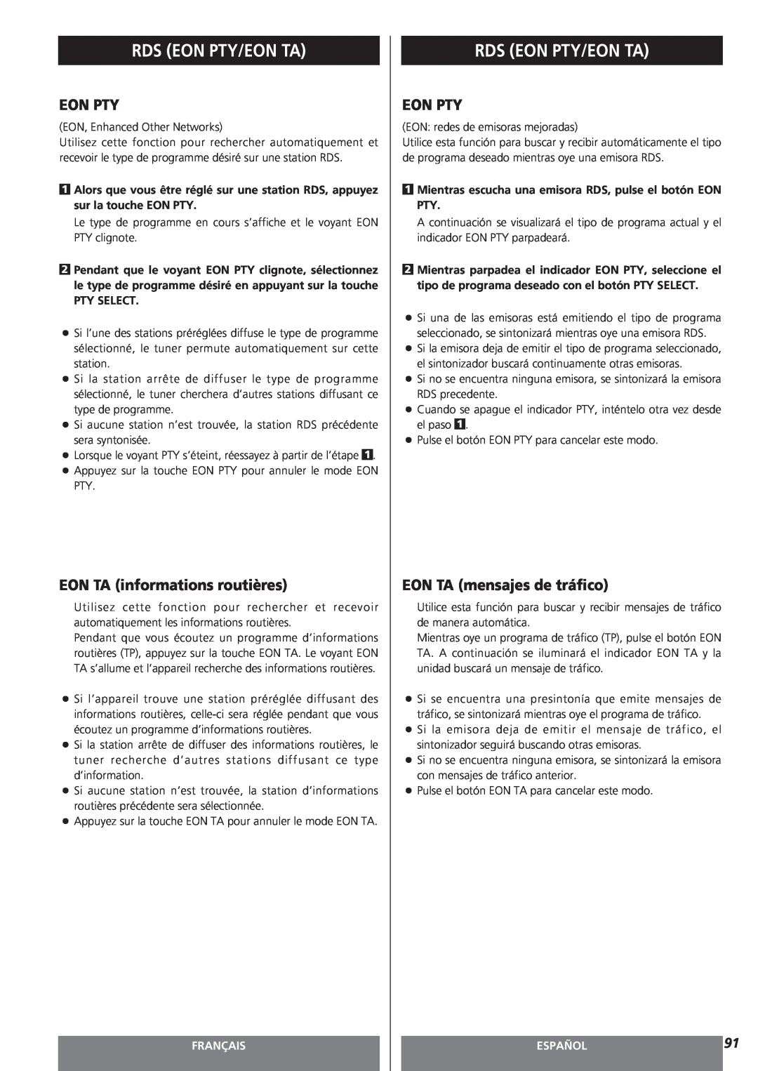 Teac AG-15D owner manual EON TA informations routières, EON TA mensajes de tráfico, Rds Eon Pty/Eon Ta, Français, Español 