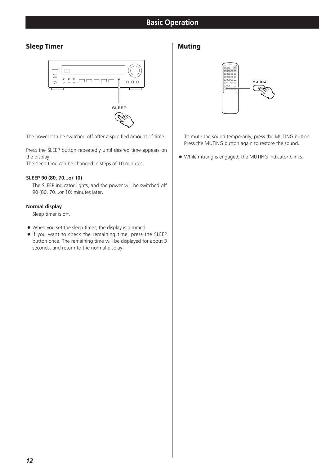 Teac AG-790 owner manual Sleep Timer, Muting, Sleep 90 80, 70...or, Normal display 