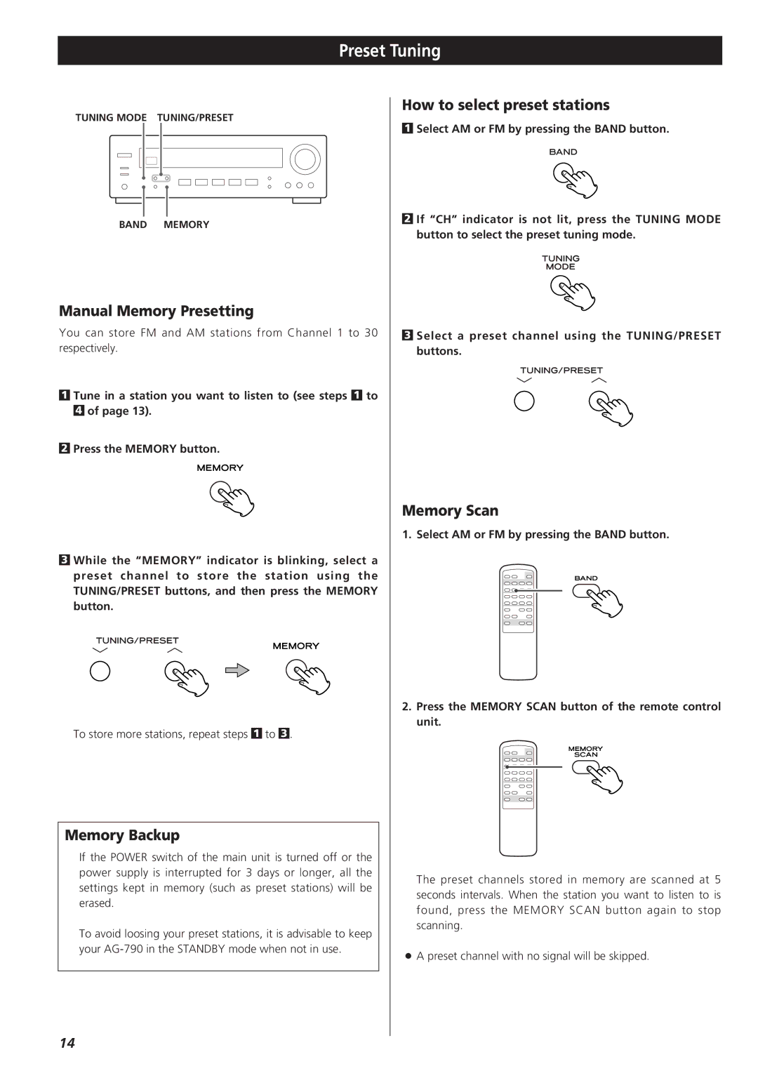 Teac AG-790 owner manual Preset Tuning, Manual Memory Presetting, Memory Backup, How to select preset stations, Memory Scan 