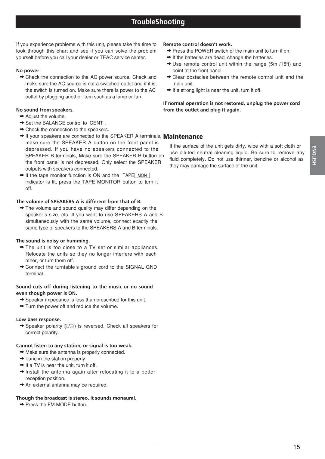 Teac AG-790 owner manual TroubleShooting, Maintenance 