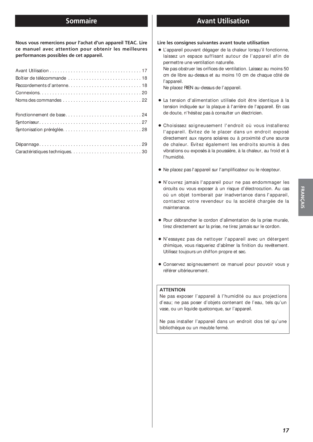 Teac AG-790 owner manual Sommaire, Avant Utilisation, Lire les consignes suivantes avant toute utilisation 