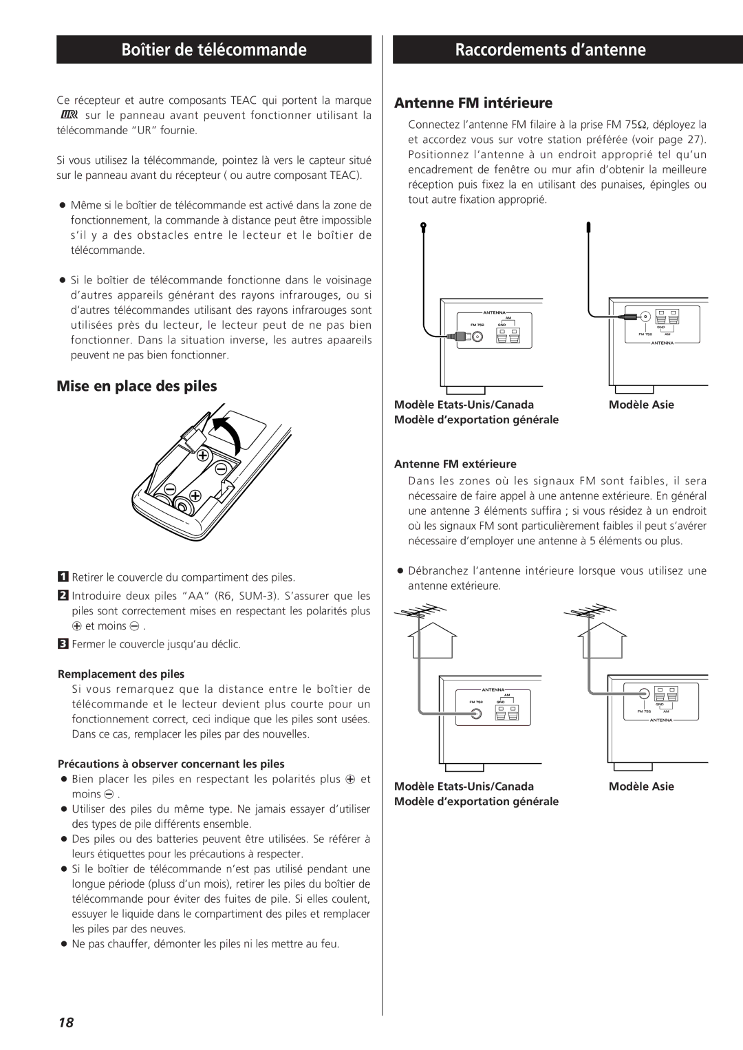 Teac AG-790 owner manual Boîtier de télécommande, Raccordements d’antenne, Mise en place des piles, Antenne FM intérieure 