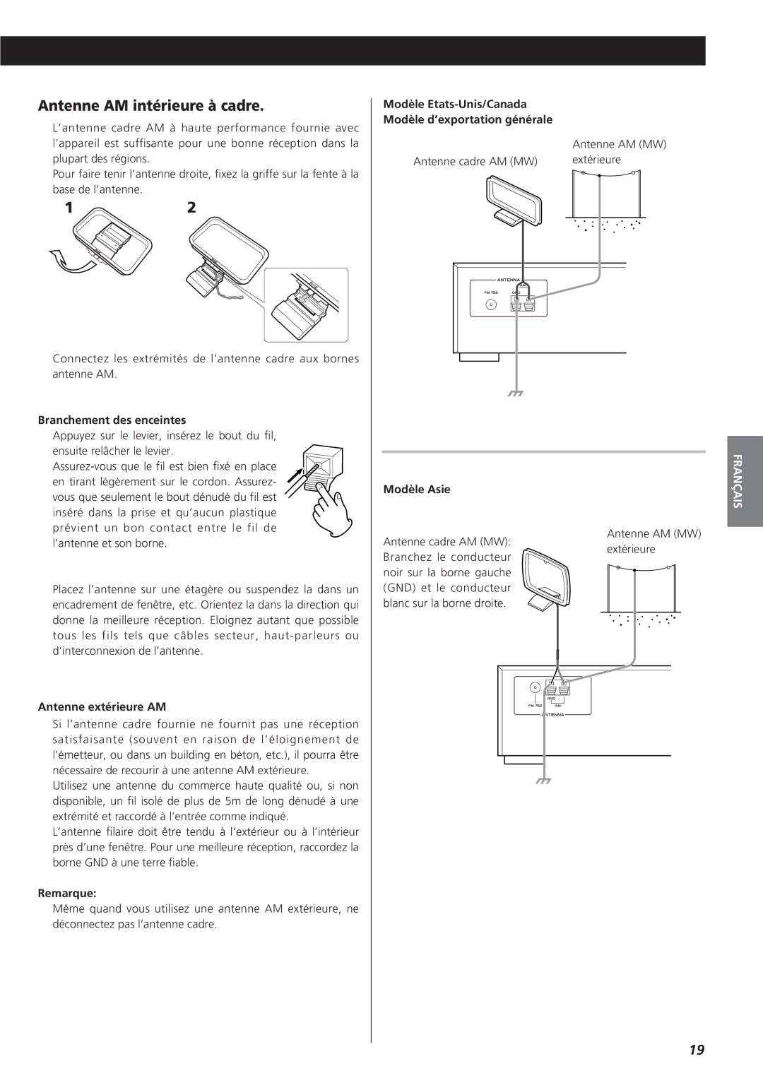 Teac AG-790 owner manual Antenne AM intérieure à cadre, Branchement des enceintes, Antenne extérieure AM, Remarque 