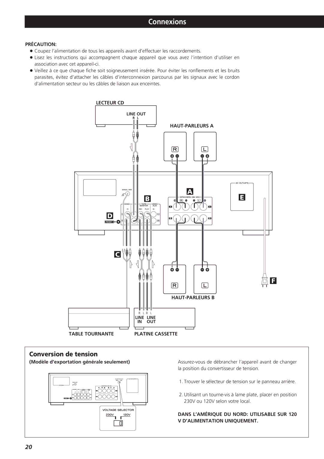 Teac AG-790 Connexions, Conversion de tension, Modèle d’exportation générale seulement, 230V ou 120V selon votre local 