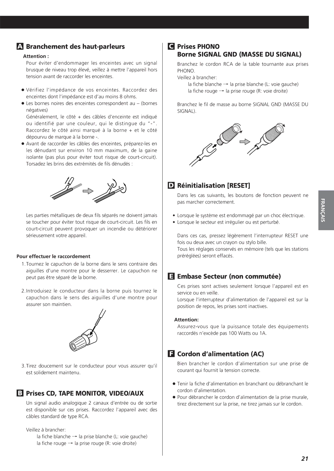 Teac AG-790 owner manual Branchement des haut-parleurs, Prises CD, Tape MONITOR, VIDEO/AUX, Réinitialisation Reset 