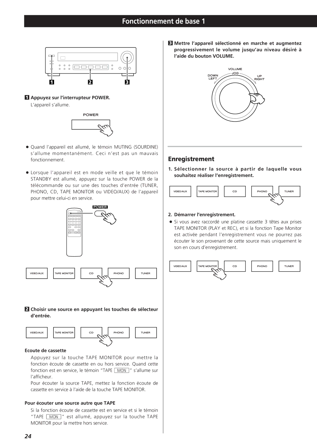 Teac AG-790 owner manual Fonctionnement de base, Enregistrement, Appuyez sur l’interrupteur POWER. L’appareil s’allume 