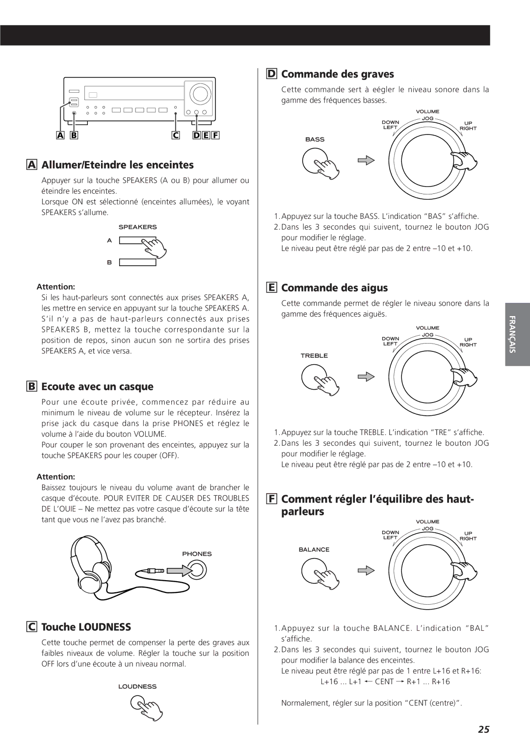 Teac AG-790 owner manual Allumer/Eteindre les enceintes, Ecoute avec un casque, Touche Loudness, Commande des graves 