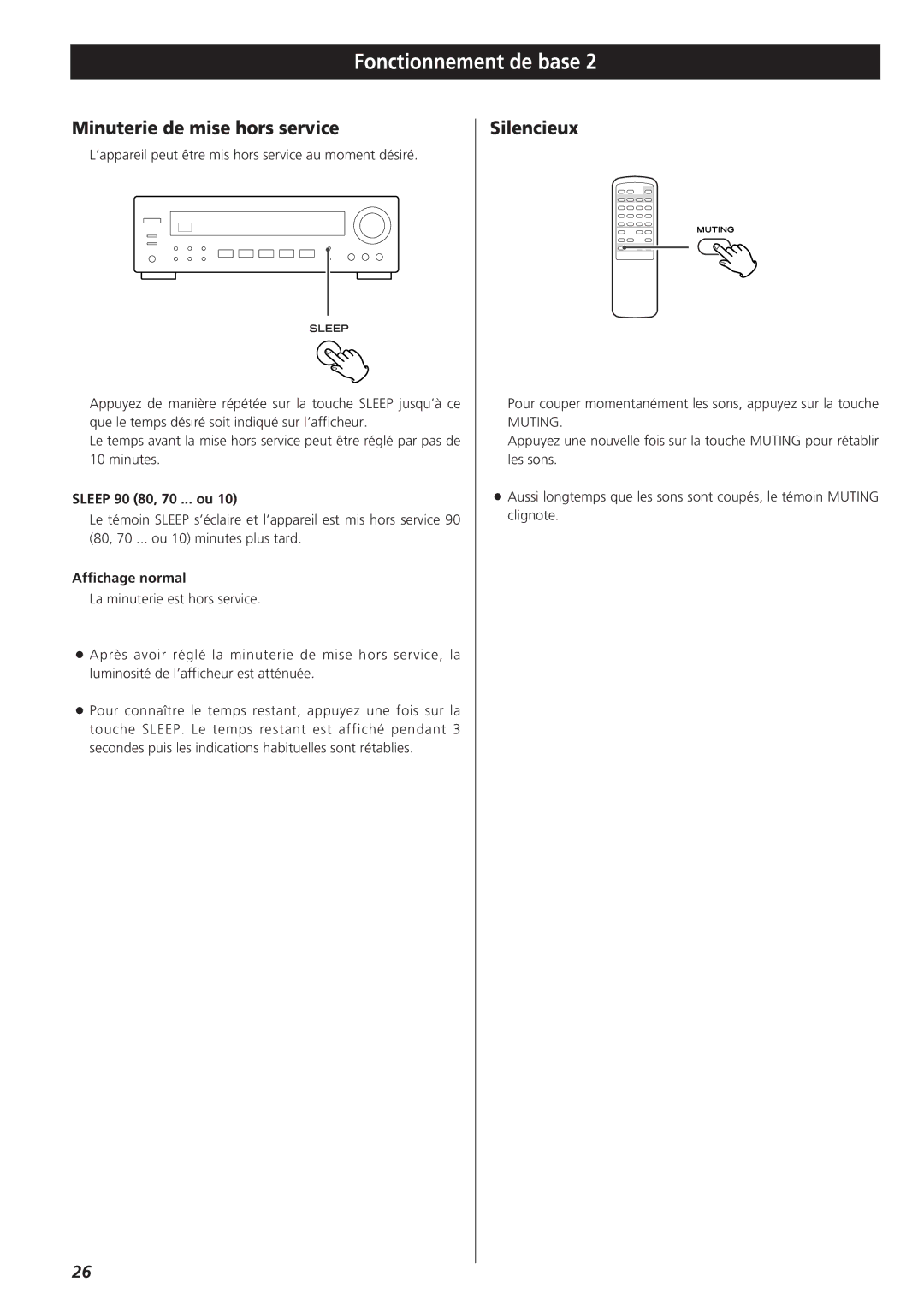 Teac AG-790 owner manual Minuterie de mise hors service, Silencieux, Sleep 90 80, 70 ... ou, Affichage normal 