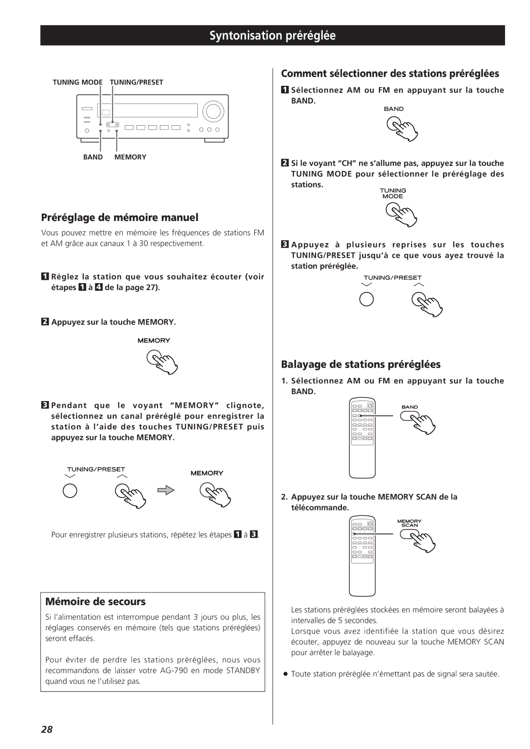 Teac AG-790 Syntonisation préréglée, Préréglage de mémoire manuel, Mémoire de secours, Balayage de stations préréglées 