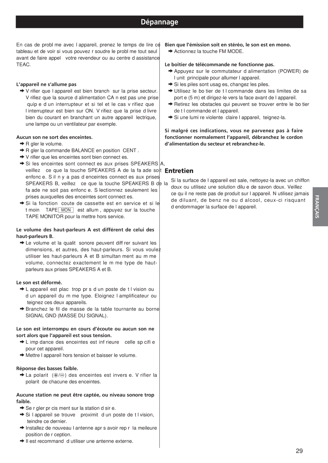 Teac AG-790 owner manual Dépannage, Entretien 