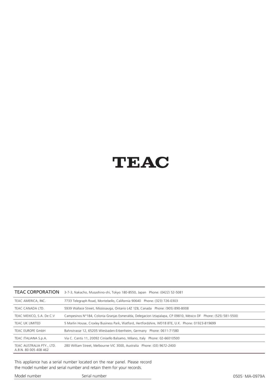 Teac AG-790 owner manual Teac Corporation, Model number Serial number 