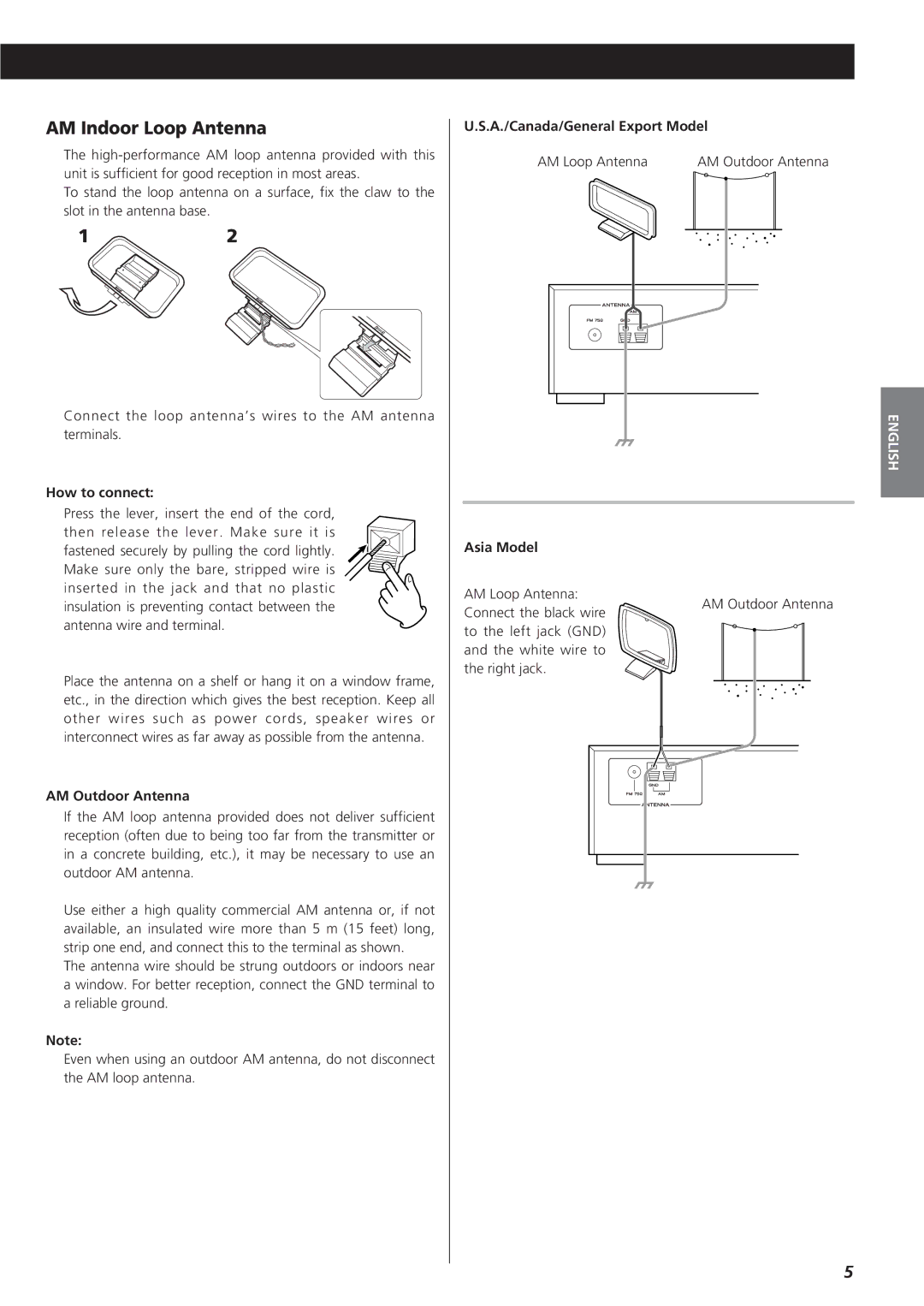 Teac AG-790 owner manual AM Indoor Loop Antenna, How to connect, AM Outdoor Antenna, A./Canada/General Export Model 