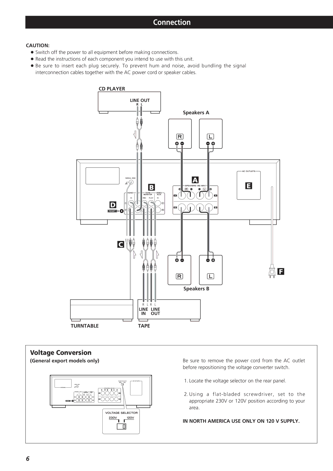 Teac AG-790 owner manual Connection, Voltage Conversion, Speakers a Speakers B, General export models only 