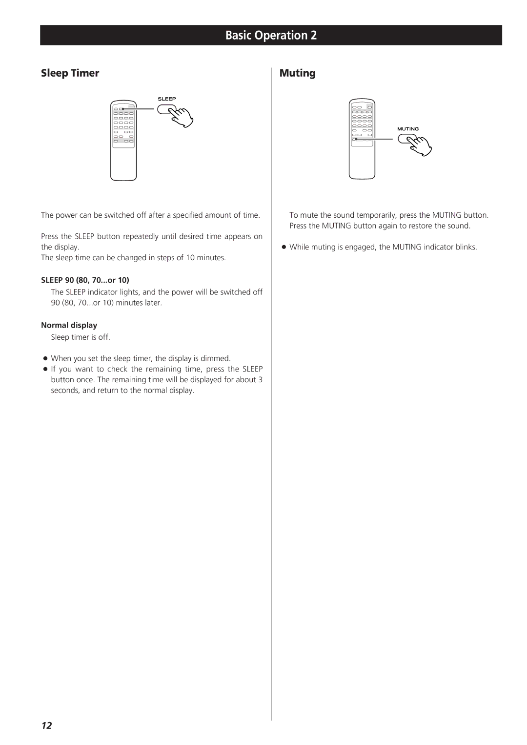 Teac AG-790 owner manual Sleep Timer, Muting, Sleep 90 80, 70...or, Normal display 