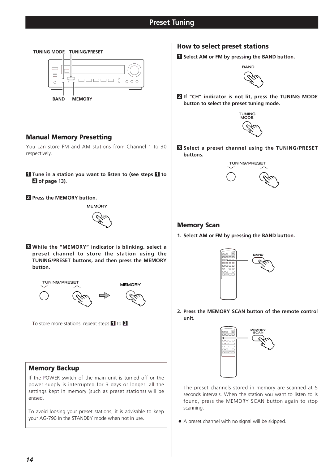 Teac AG-790 owner manual Preset Tuning, Manual Memory Presetting, Memory Backup, How to select preset stations, Memory Scan 