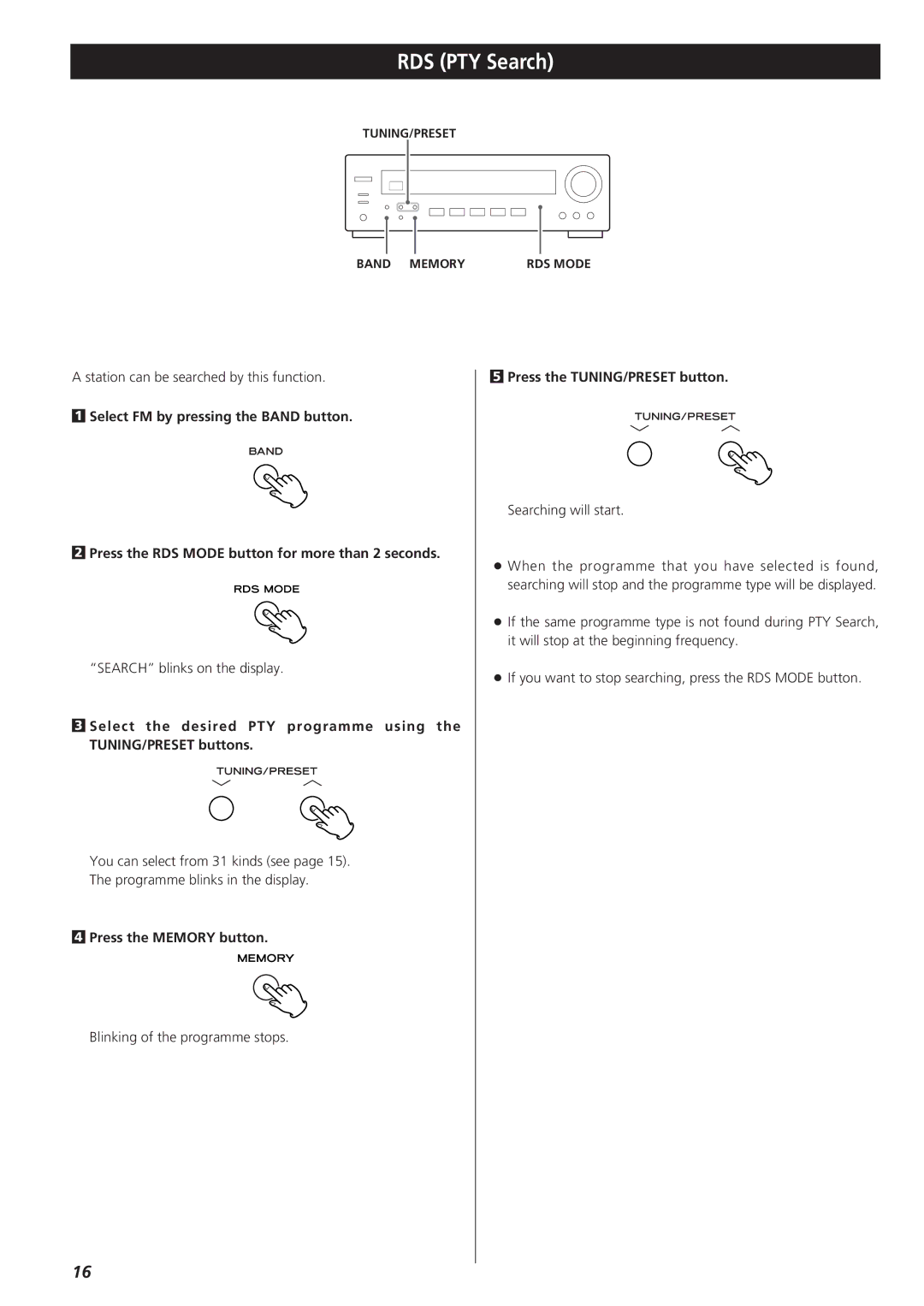 Teac AG-790 owner manual RDS PTY Search, Press the TUNING/PRESET button 