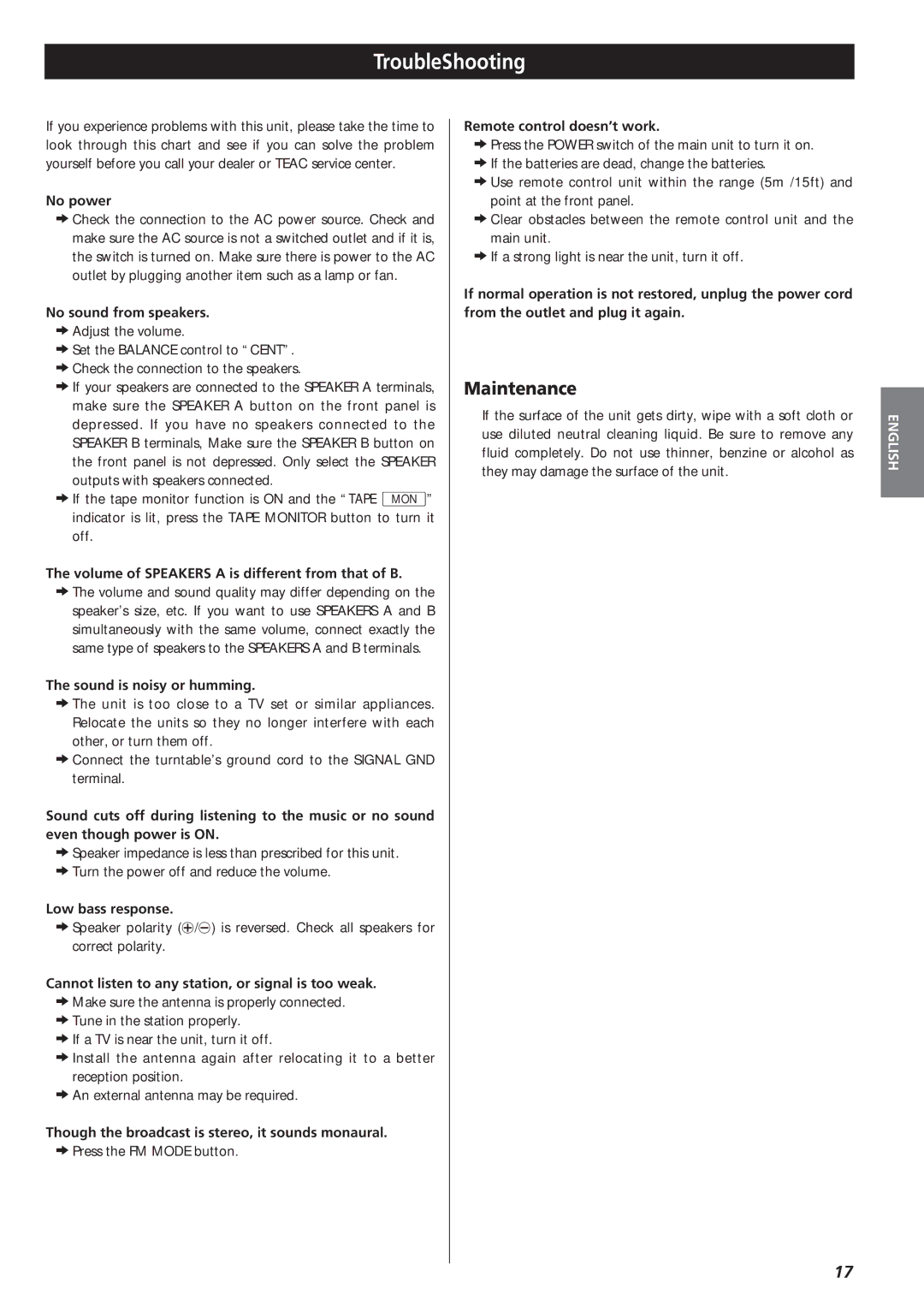 Teac AG-790 owner manual TroubleShooting, Maintenance 