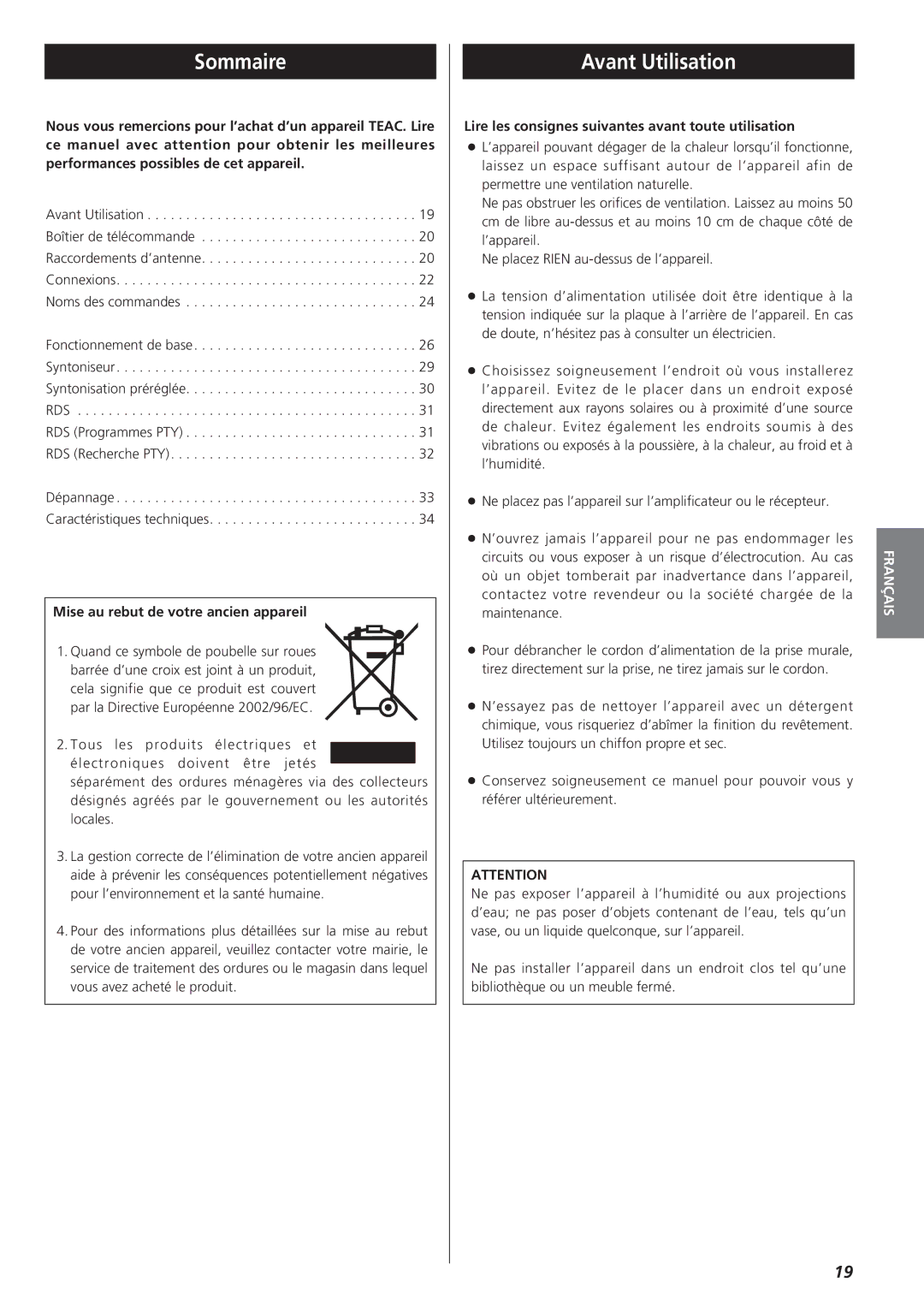 Teac AG-790 owner manual Sommaire, Avant Utilisation, Mise au rebut de votre ancien appareil 