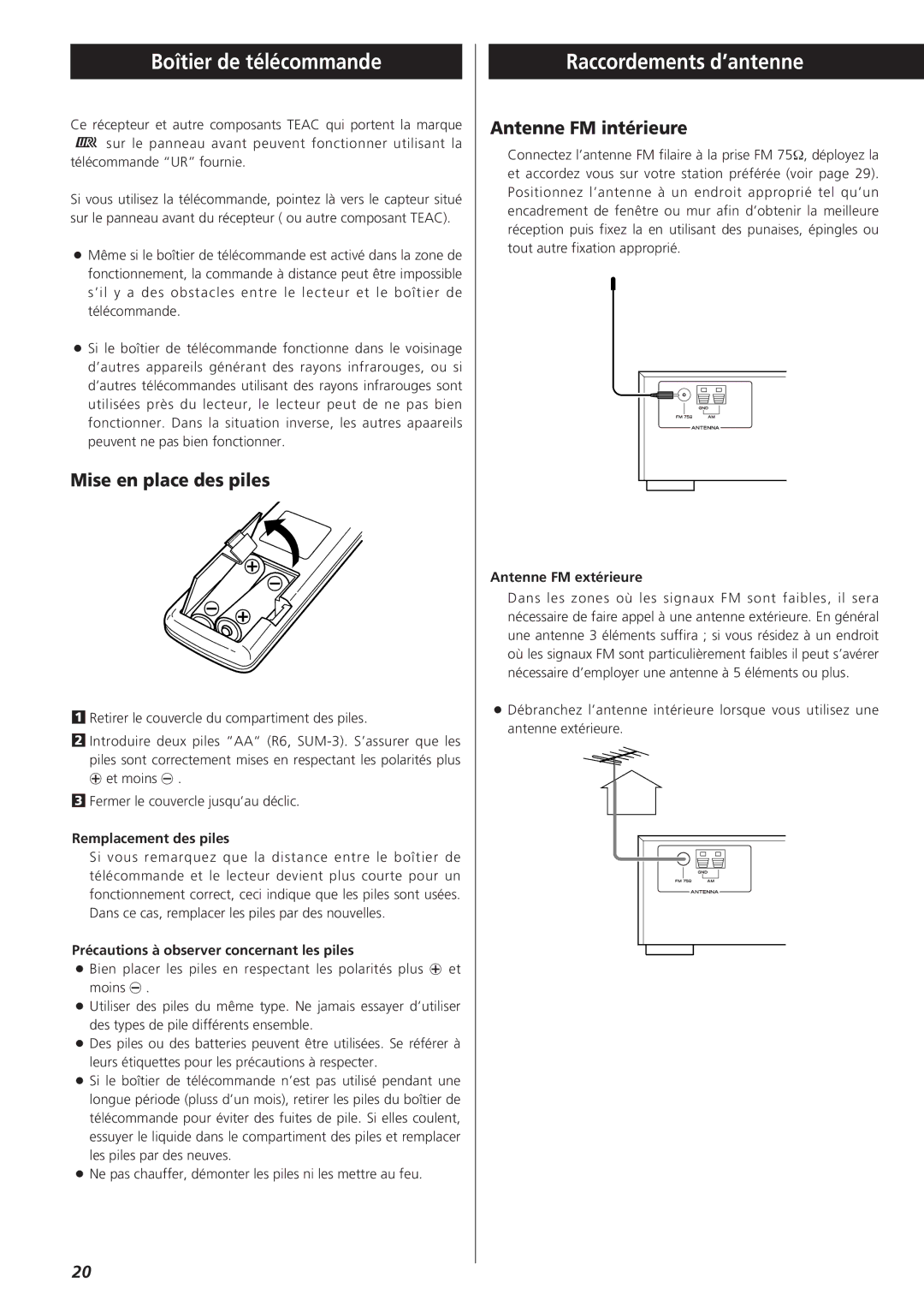 Teac AG-790 owner manual Boîtier de télécommande, Raccordements d’antenne, Mise en place des piles, Antenne FM intérieure 