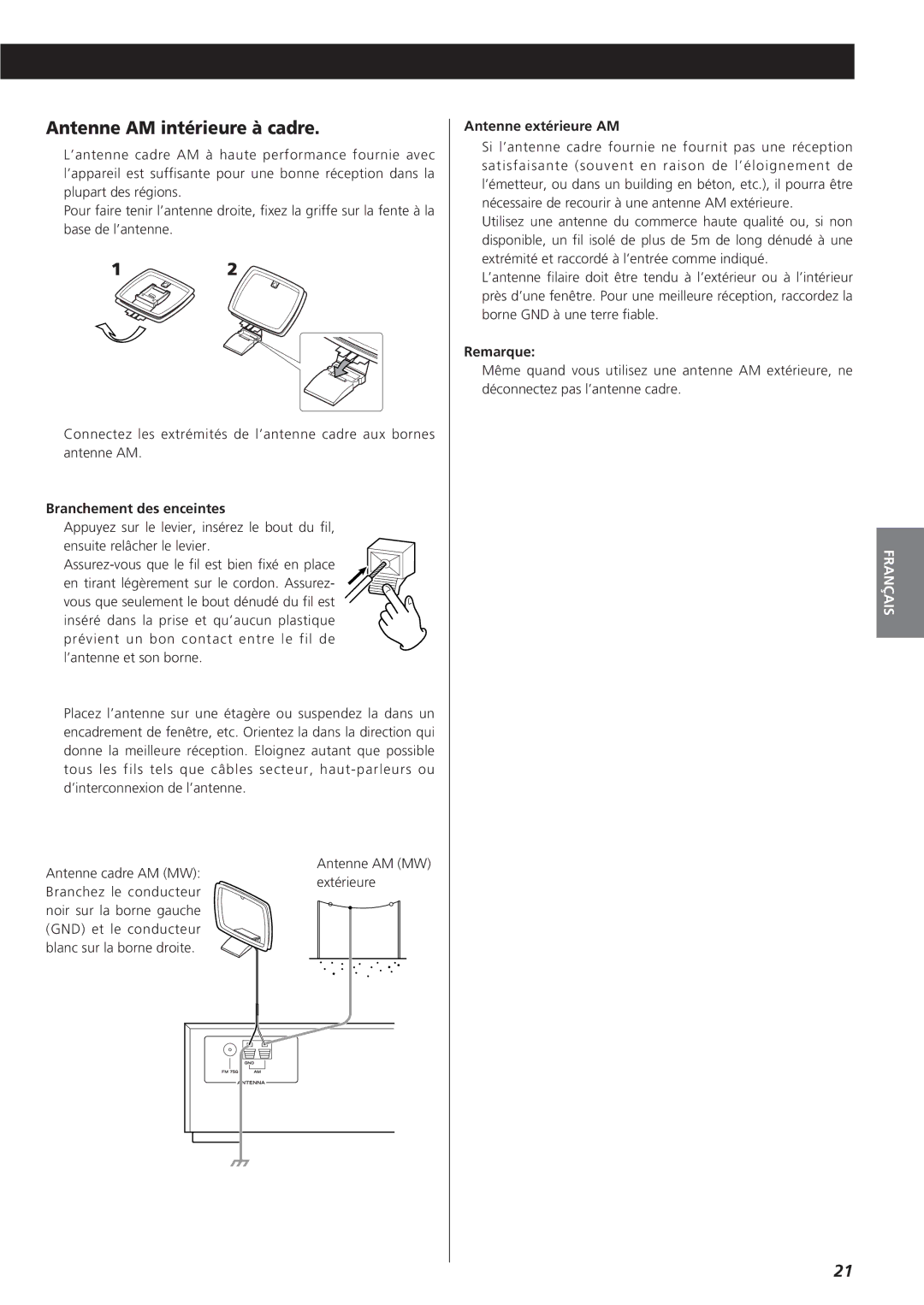 Teac AG-790 owner manual Antenne AM intérieure à cadre, Branchement des enceintes, Antenne extérieure AM, Remarque 