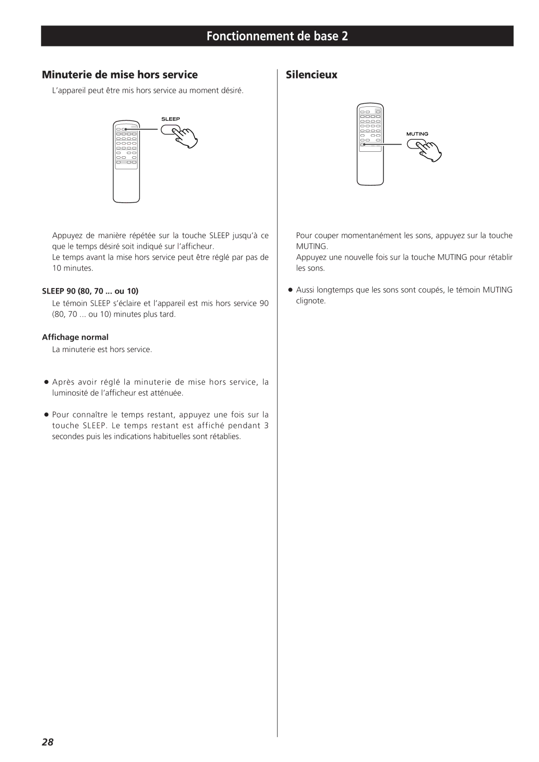 Teac AG-790 owner manual Minuterie de mise hors service, Silencieux, Sleep 90 80, 70 ... ou, Affichage normal 