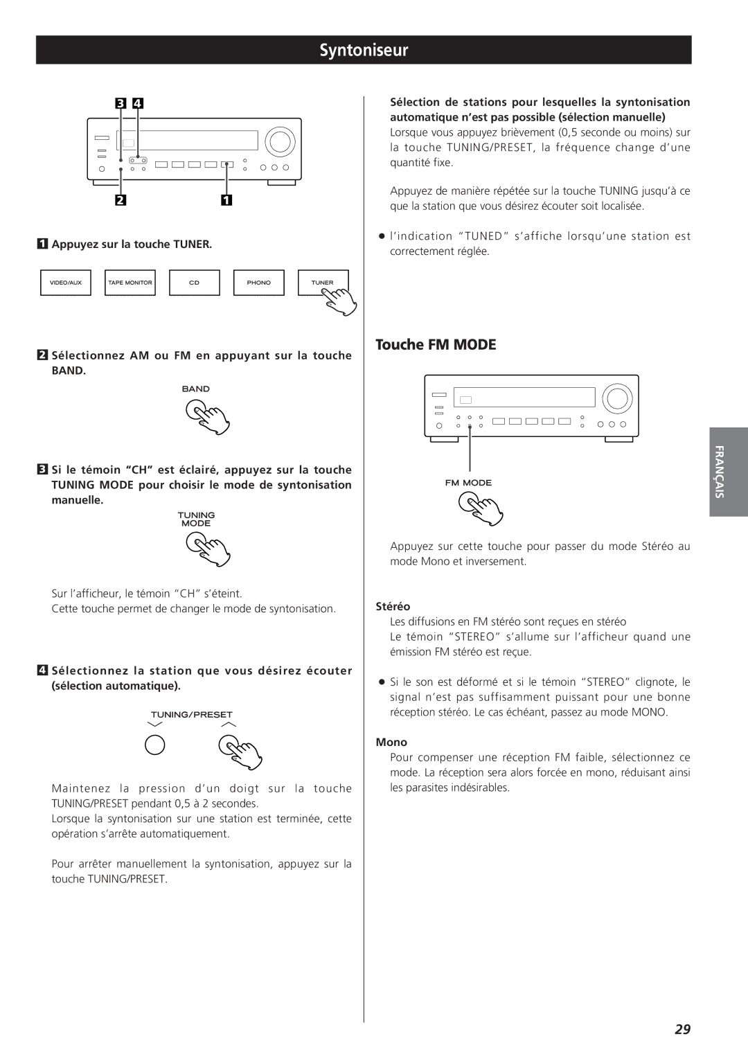 Teac AG-790 owner manual Syntoniseur, Touche FM Mode, Stéréo 