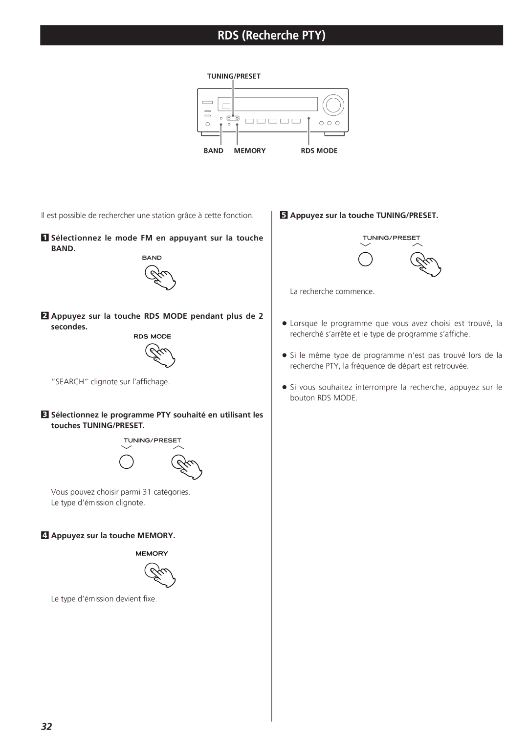 Teac AG-790 owner manual RDS Recherche PTY, Search clignote sur l’affichage, Le type d’émission devient fixe 