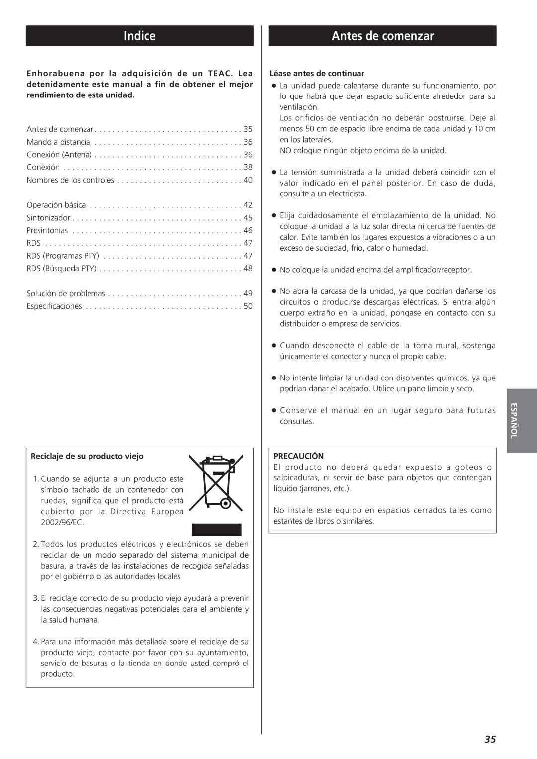 Teac AG-790 owner manual Indice, Antes de comenzar, Reciclaje de su producto viejo, Léase antes de continuar, Precaución 