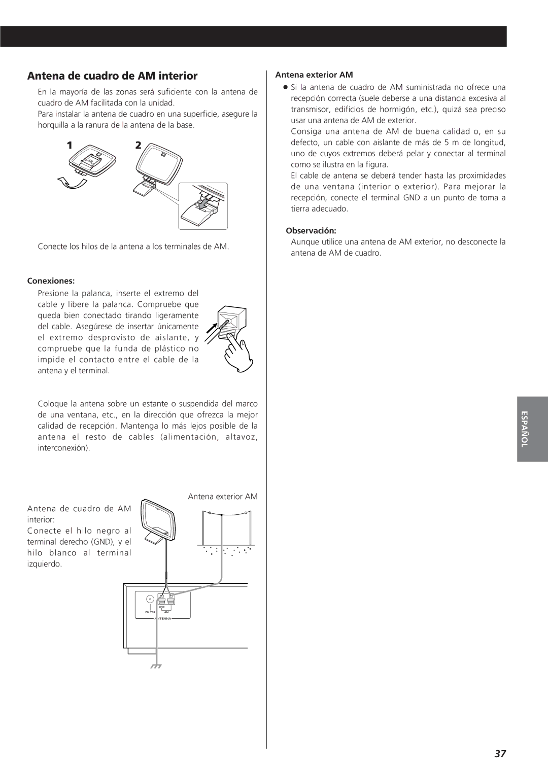 Teac AG-790 owner manual Antena de cuadro de AM interior, Conexiones, Antena exterior AM, Observación 