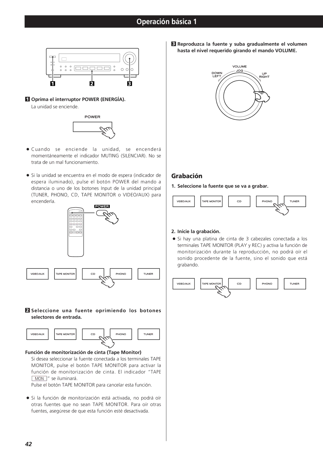 Teac AG-790 owner manual Operación básica, Grabación, Oprima el interruptor Power ENERGÍA. La unidad se enciende 